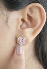 Elegant Pink Stone Stud Earrings with Diamond Halo