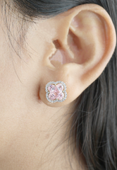 Elegant Pink Stone Stud Earrings with Diamond Halo