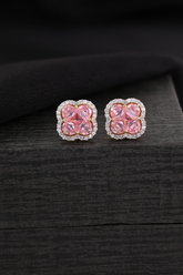 Elegant Pink Stone Stud Earrings with Diamond Halo