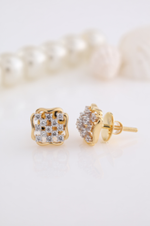 Yellow Gold Cushion Diamond Cluster Stud Earrings