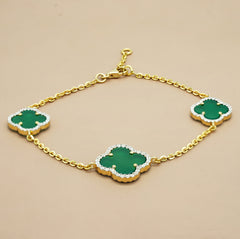 Van Cleef Gold Clover Charm Bracelet | Green Enamel & White Stone Accents | Elegant Fine Jewelry