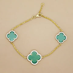 Van Cleef Gold Clover Charm Bracelet | Green Enamel & White Stone Accents | Elegant Fine Jewelry