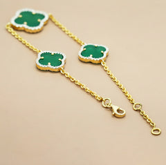 Van Cleef Gold Clover Charm Bracelet | Green Enamel & White Stone Accents | Elegant Fine Jewelry