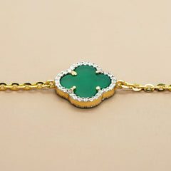 Van Cleef Gold Clover Charm Bracelet | Green Enamel & White Stone Accents | Elegant Fine Jewelry