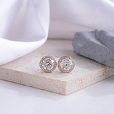 Round Halo Diamond Stud Earrings with Rose Gold Accents