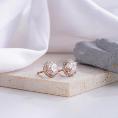 Round Halo Diamond Stud Earrings with Rose Gold Accents