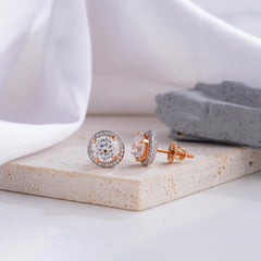 Round Halo Diamond Stud Earrings with Rose Gold Accents