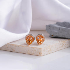 Round Halo Diamond Stud Earrings with Rose Gold Accents