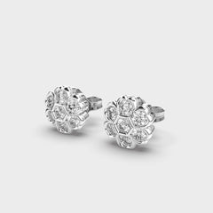 Hexagonal Floral Diamond Stud Earrings in White Gold – Elegant and Timeless