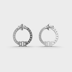 Pavé Diamond Circle Earrings with Baguette Accents in White Gold – Elegant and Sophisticated