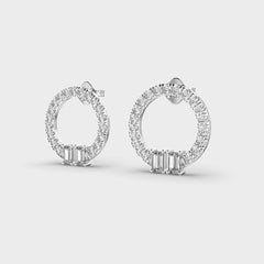 Pavé Diamond Circle Earrings with Baguette Accents in White Gold – Elegant and Sophisticated