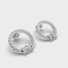 Pavé Diamond Circle Earrings with Baguette Accents in White Gold – Elegant and Sophisticated
