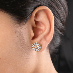 Floral Hexagon Diamond Stud Earrings – Gold & White Sparkle