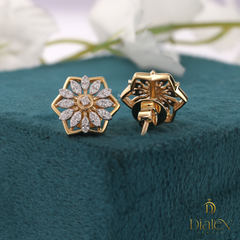 Floral Hexagon Diamond Stud Earrings – Gold & White Sparkle