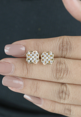 Yellow Gold Cushion Diamond Cluster Stud Earrings